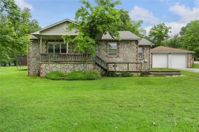 4220 S 7th Hwy, Harrison, AR 72601 - single story home with stone siding, a front lawn, a garage, a porch, and an outbuilding