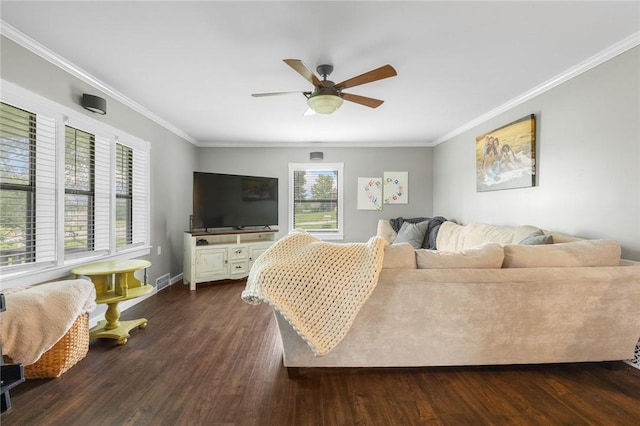 4220 S 7th Hwy, Harrison, AR 72601 - living room featuring crown molding, a ceiling fan, dark wood-style floors, and baseboards