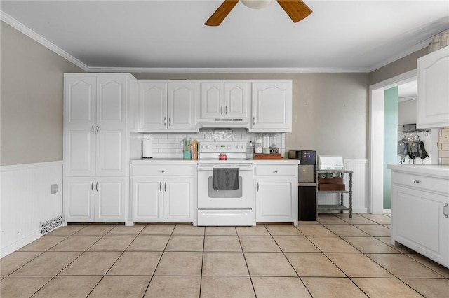 4220 S 7th Hwy, Harrison, AR 72601 - kitchen featuring electric stove, a ceiling fan, under cabinet range hood, white cabinetry, and light countertops