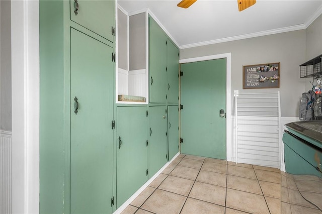 4220 S 7th Hwy, Harrison, AR 72601 - kitchen featuring green cabinetry, a ceiling fan, crown molding, and light tile patterned floors