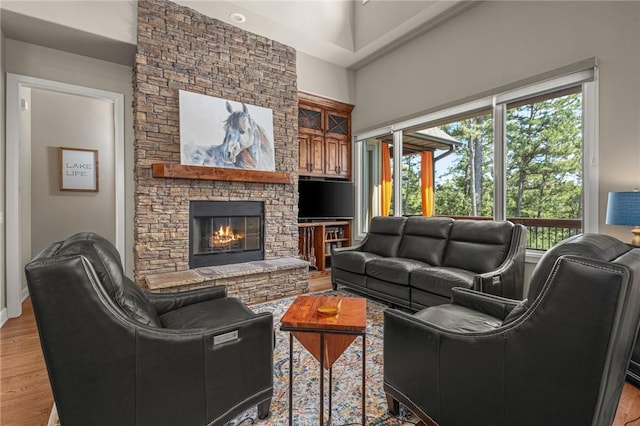 42 Devizis Dr, Bella Vista, AR 72714 - living area with light wood-type flooring, a fireplace, a high ceiling, and baseboards