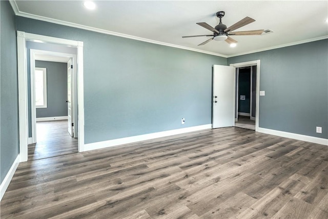 2532 E 4th St, Tulsa, OK 74104 - spare room with ornamental molding, baseboards, wood finished floors, a ceiling fan, and recessed lighting