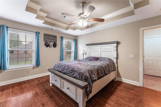 4931 Dogwood, Springdale, AR 72762 - bedroom with a tray ceiling, crown molding, dark wood-type flooring, baseboards, and ceiling fan