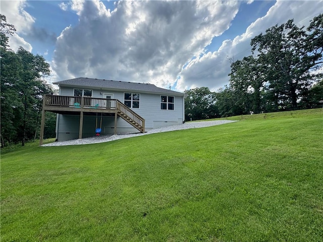 1 Llanon Cir, Bella Vista, AR 72714 - back of house with a deck, stairway, and a lawn