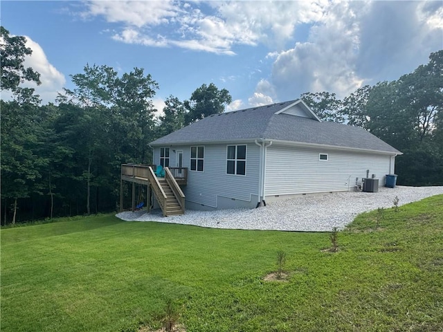 1 Llanon Cir, Bella Vista, AR 72714 - back of property with stairway, a deck, a lawn, roof with shingles, and crawl space
