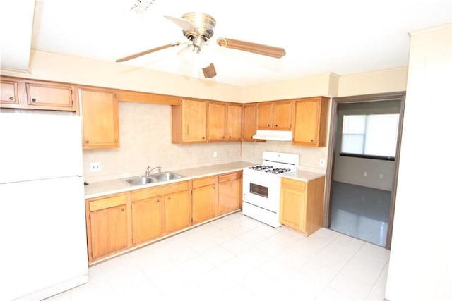 1404 W Margaret Pl, Rogers, AR 72756 - kitchen featuring white appliances, a sink, light countertops, ceiling fan, and under cabinet range hood