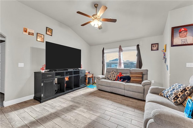 200 Post Oak Ave, Gentry, AR 72734 - living room featuring lofted ceiling, ceiling fan, wood finished floors, and baseboards