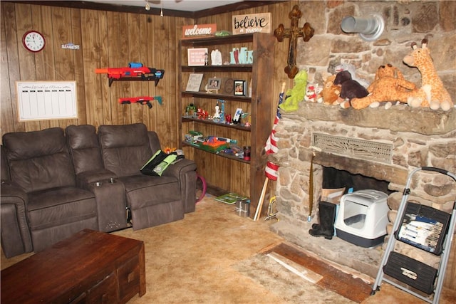 197 7th St, Saint Paul, AR 72756 - living room with wooden walls and carpet floors