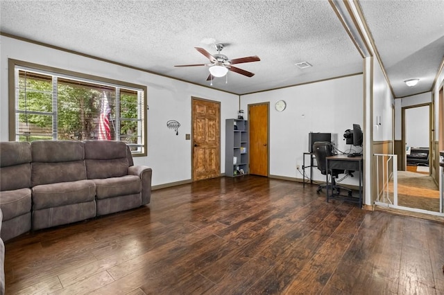 2 Tenbury Ln, Bella Vista, AR 72714 - living room with hardwood / wood-style floors, ceiling fan, a desk, a textured ceiling, and baseboards