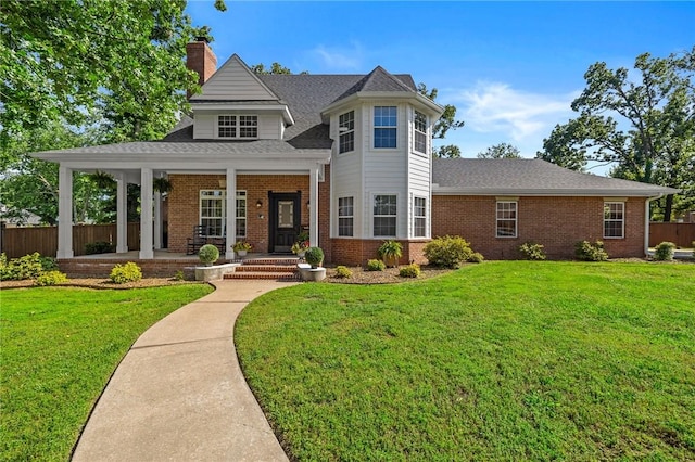 1 Geyer Rd, Bentonville, AR 72712 - view of front of home featuring brick siding, a chimney, covered porch, and roof with shingles