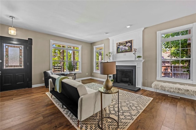 1 Geyer Rd, Bentonville, AR 72712 - living area featuring dark wood-style floors, healthy amount of natural light, and a fireplace with raised hearth