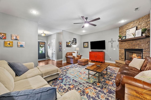 26 Primrose Ln, Bella Vista, AR 72714 - living area featuring ceiling fan, baseboards, wood finished floors, a fireplace, and recessed lighting