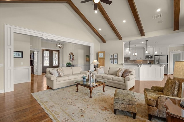 2970 Laurel Cir, Centerton, AR 72719 - living room with high vaulted ceiling, ceiling fan, beam ceiling, wood finished floors, and recessed lighting