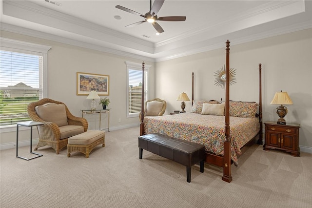 2970 Laurel Cir, Centerton, AR 72719 - bedroom featuring light colored carpet, baseboards, crown molding, a raised ceiling, and ceiling fan