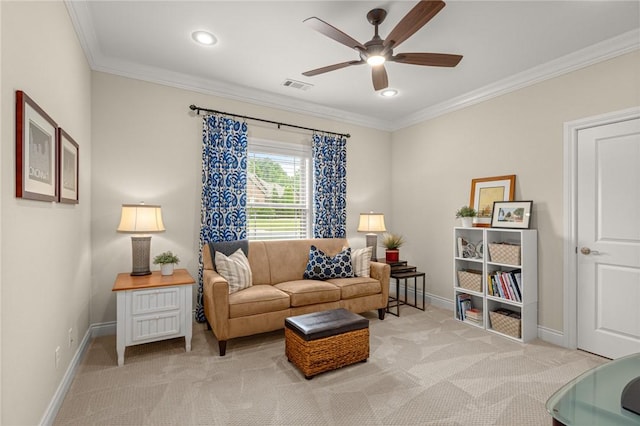 2970 Laurel Cir, Centerton, AR 72719 - carpeted living room with a ceiling fan, crown molding, baseboards, and recessed lighting