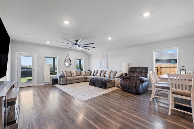 615 W Dusty Ct, Siloam Springs, AR 72761 - living area featuring dark wood-type flooring, a ceiling fan, recessed lighting, and baseboards