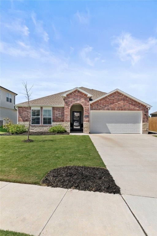 615 W Dusty Ct, Siloam Springs, AR 72761 - view of front facade featuring brick siding, an attached garage, concrete driveway, a front lawn, and roof with shingles