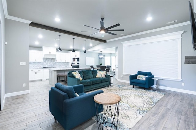 1909 Crump St, Pea Ridge, AR 72751 - living room with ceiling fan, ornamental molding, light wood-style floors, baseboards, and recessed lighting