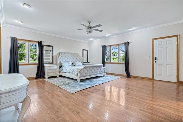 5 Augusta Ln, Holiday Island, AR 72631 - bedroom featuring light wood-style floors, baseboards, ornamental molding, and ceiling fan