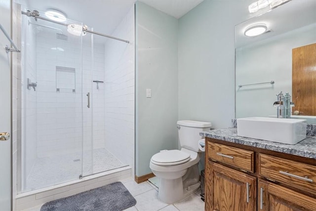 5 Augusta Ln, Holiday Island, AR 72631 - bathroom featuring vanity, toilet, tile patterned floors, and a stall shower