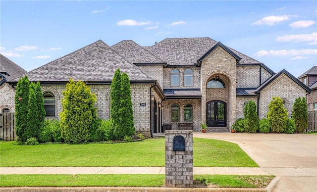 700 SE Yale St, Bentonville, AR 72712 - french country home featuring brick siding, a shingled roof, french doors, and concrete driveway