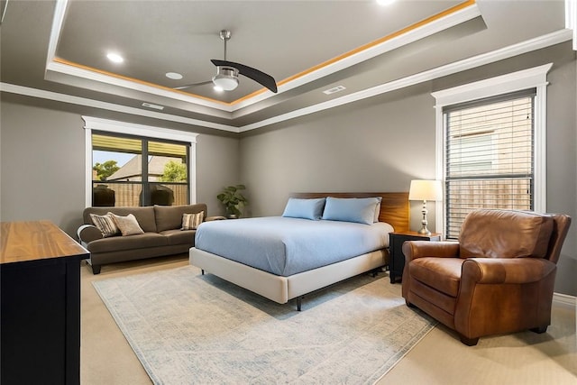 700 SE Yale St, Bentonville, AR 72712 - bedroom with a tray ceiling, crown molding, light carpet, recessed lighting, and a ceiling fan