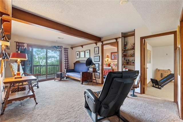 7 El Dorado Dr, Holiday Island, AR 72631 - living room featuring carpet, a textured ceiling, and beamed ceiling