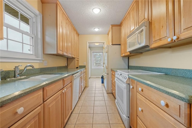24 Meadow Lark Ln, Harrison, AR 72601 - kitchen featuring white appliances, a sink, a textured ceiling, light tile patterned flooring, and light brown cabinetry