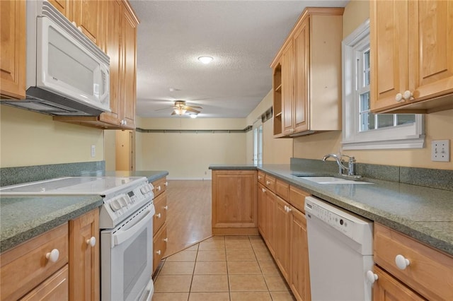 24 Meadow Lark Ln, Harrison, AR 72601 - kitchen with white appliances, ceiling fan, a sink, a textured ceiling, and light tile patterned floors