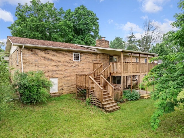 24 Meadow Lark Ln, Harrison, AR 72601 - rear view of property featuring brick siding, a chimney, stairway, and a lawn