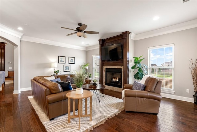 2314 S Mont Blanc Ave, Rogers, AR 72758 - living area with healthy amount of natural light, baseboards, a large fireplace, ornamental molding, and recessed lighting