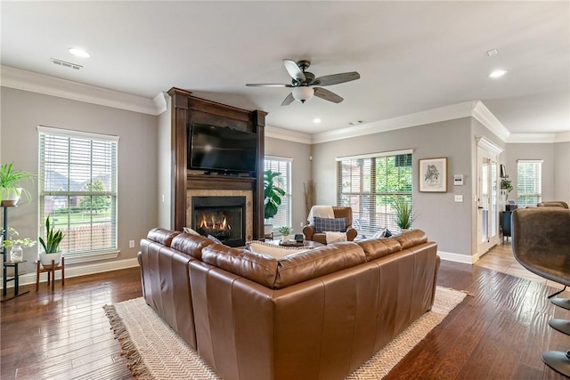 2314 S Mont Blanc Ave, Rogers, AR 72758 - living area featuring baseboards, a ceiling fan, a large fireplace, recessed lighting, and dark wood finished floors