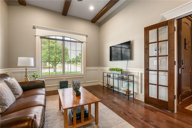 2314 S Mont Blanc Ave, Rogers, AR 72758 - living room with dark wood-style flooring, beam ceiling, wainscoting, and a decorative wall