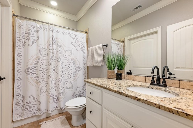 2314 S Mont Blanc Ave, Rogers, AR 72758 - full bathroom with vanity, crown molding, toilet, a shower with curtain, and tile patterned flooring