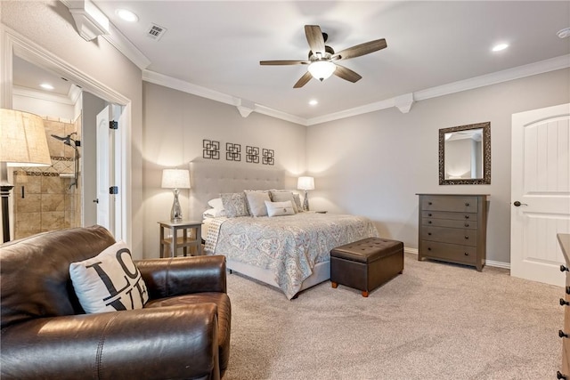 2314 S Mont Blanc Ave, Rogers, AR 72758 - bedroom featuring crown molding, recessed lighting, light carpet, ceiling fan, and baseboards