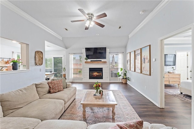 1031 Charles St, Pea Ridge, AR 72751 - living area with healthy amount of natural light, ceiling fan, crown molding, a large fireplace, and dark wood-style flooring