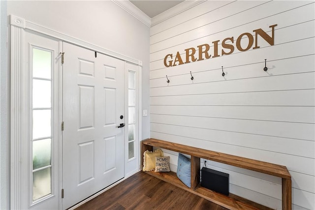 1031 Charles St, Pea Ridge, AR 72751 - mudroom featuring crown molding, dark wood-style floors, and wooden walls