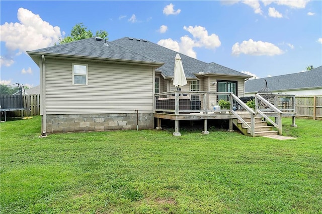 1031 Charles St, Pea Ridge, AR 72751 - rear view of house featuring a trampoline, a wooden deck, and a shingled roof