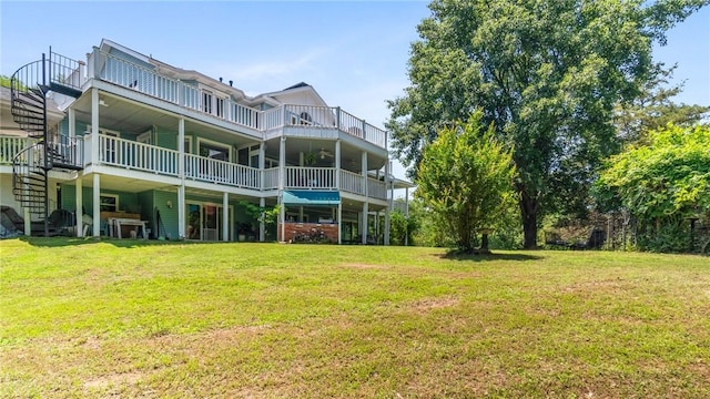 14559 Zimmerman Ln, Rogers, AR 72756 - back of house with stairway, a yard, and a wooden deck