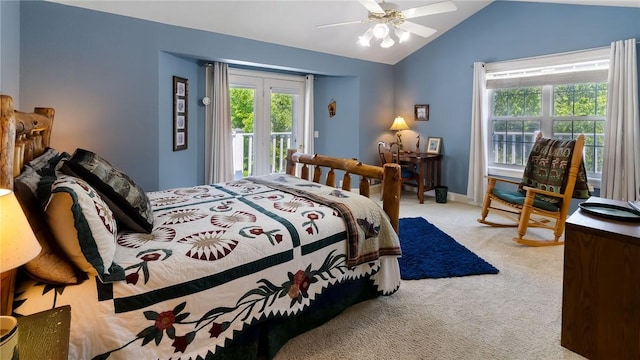 14559 Zimmerman Ln, Rogers, AR 72756 - bedroom with light colored carpet, vaulted ceiling, access to outside, and a ceiling fan