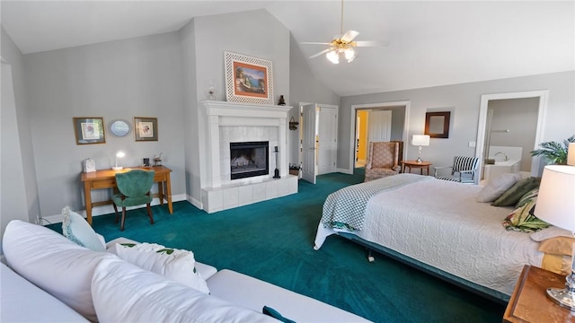 14559 Zimmerman Ln, Rogers, AR 72756 - bedroom featuring carpet flooring, a fireplace, baseboards, and high vaulted ceiling