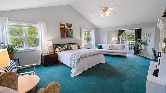 14559 Zimmerman Ln, Rogers, AR 72756 - carpeted bedroom featuring baseboards, ceiling fan, high vaulted ceiling, and access to exterior
