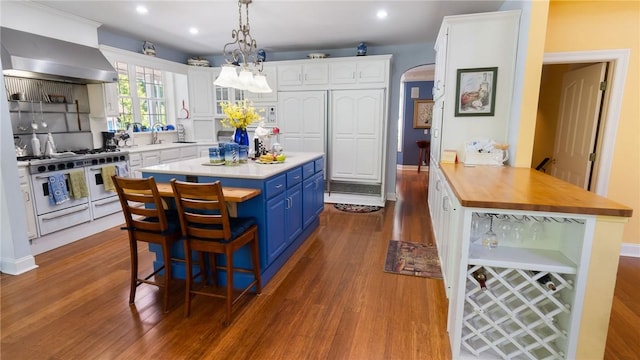 14559 Zimmerman Ln, Rogers, AR 72756 - kitchen with blue cabinets, wall chimney exhaust hood, double oven range, white cabinets, and dark wood-style flooring