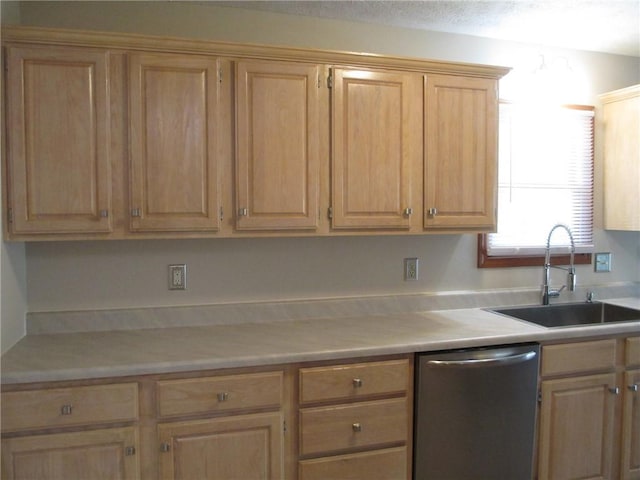 9 Rancho Vista Ln, Holiday Island, AR 72631 - kitchen featuring stainless steel dishwasher, light countertops, and light brown cabinets