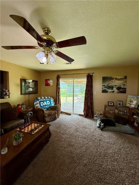 23933 J M Summers Rd, Summers, AR 72769 - carpeted living area with ceiling fan and a textured ceiling
