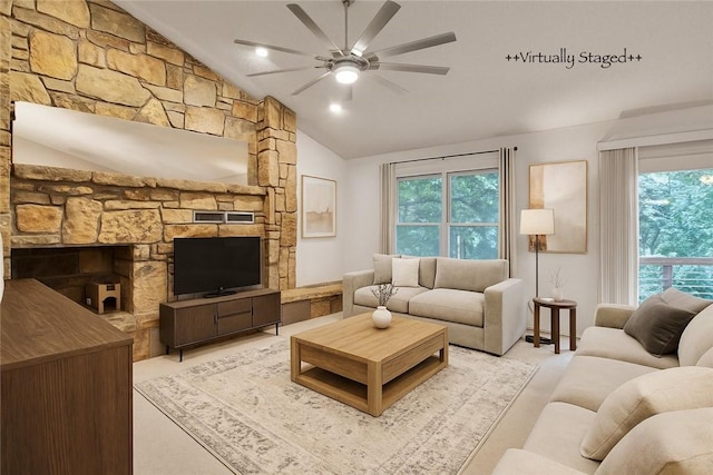 4 Branchwood Ln, Bella Vista, AR 72715 - living area with a ceiling fan, lofted ceiling, and a fireplace