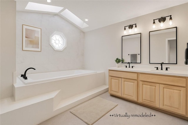 4 Branchwood Ln, Bella Vista, AR 72715 - full bathroom with a skylight, double vanity, a garden tub, and lofted ceiling