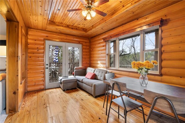 2480 N Saint Andrews Dr, Kansas, OK 74347 - living area featuring wooden ceiling, rustic walls, light wood finished floors, and ceiling fan