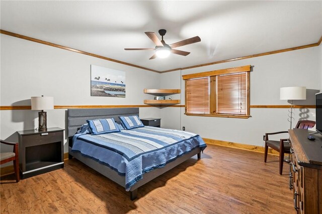2480 N Saint Andrews Dr, Kansas, OK 74347 - bedroom featuring wood finished floors, ornamental molding, baseboards, and ceiling fan