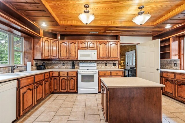 2480 N Saint Andrews Dr, Kansas, OK 74347 - kitchen featuring wooden ceiling, white appliances, decorative backsplash, light tile patterned floors, and open shelves